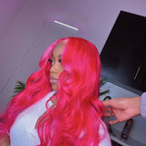 12-36 in. Raspberry Pink Body Wave 13x4 Remy Lace Front Wigs